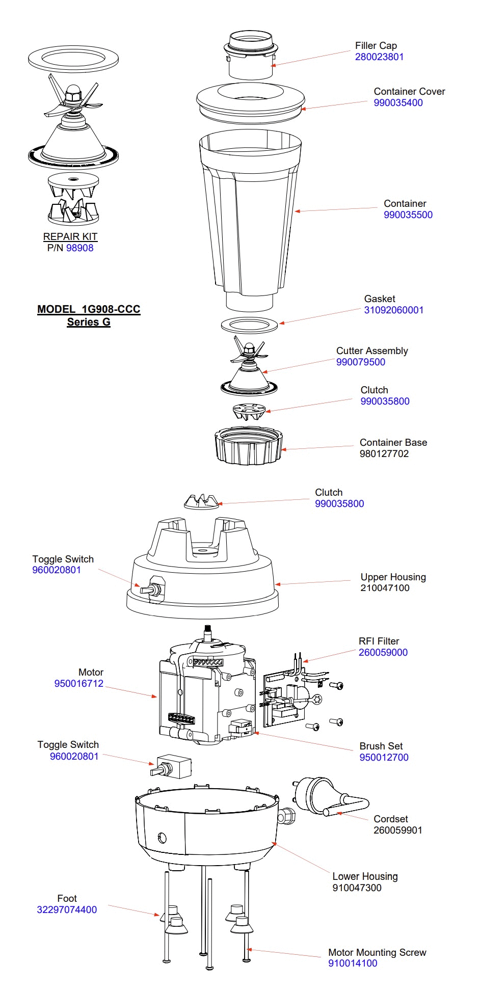 Diagram Diagram and Parts List for 1G908-CCC-G  Hamilton Beach Blender